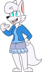  2017 3_toes 4_fingers alpha_channel anthro arctic_fox barefoot biped black_nose blue_bottomwear blue_clothing blue_eyes blue_jacket blue_shirt blue_skirt blue_topwear bottomwear button_skirt canid canine cheek_tuft chokovit_(artist) clothed clothed_anthro clothed_female clothing colored denim denim_bottomwear denim_clothing denim_skirt digital_drawing_(artwork) digital_media_(artwork) ears_up eyebrow_through_hair eyebrows eyelashes facial_tuft fangs feet female female_anthro fingers fluffy fluffy_tail fox fox_tail front_view full-length_portrait fur glistening glistening_eyes glistening_tongue hair hand_on_hip hi_res jacket lace mammal no_pupils open_clothing open_jacket open_mouth open_smile open_topwear pink_inner_ear pink_tongue portrait prick_ears raised_eyebrow shirt simple_background skirt smile solo standing tail teeth toes tongue topwear translucent translucent_hair transparent_background true_fox tuft vanessa_severin white_body white_ears white_hair white_tail 