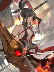  bare_shoulders black_hair breasts closed_mouth commentary_request detached_sleeves fate/grand_order fate_(series) female highres holding holding_weapon katana lack long_hair medium_breasts multicolored_hair nagao_kagetora_(fate) ponytail profile smile solo sword two-tone_hair uesugi_kenshin_(fate) very_long_hair weapon white_hair yellow_eyes 