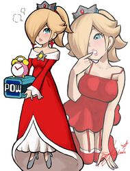  alternate_costume aqua_eyes bare_arms bare_shoulders blonde_hair blush breasts brooch clock collarbone crown dress earrings female fire_rosalina gem hair_over_one_eye half-closed_eyes high_heels highres index_finger_raised jewelry long_hair long_sleeves mario_(series) medium_breasts multiple_views off-shoulder_dress off_shoulder one_eye_covered ponytail pow_block red_dress red_gemstone red_thighhighs rosalina short_dress spaghetti_strap star_(symbol) star_brooch star_earrings super_mario_3d_world thighhighs toggy_keiichi 