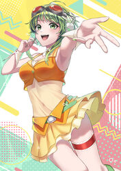  absurdres armpits belt blush breasts bridal_garter cleavage crop_top detached_collar female goggles goggles_on_head green_eyes green_hair gumi headphones headset highres layered_skirt looking_at_viewer miniskirt nail_polish nil_(pixiv_53614557) open_mouth reaching reaching_towards_viewer see-through see-through_shirt shirt short_hair_with_long_locks skirt smile solo vocaloid wrist_cuffs 