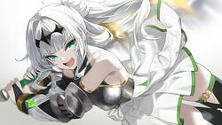  armor black_thighhighs breastplate breasts bridal_gauntlets coeiroink commentary_request croix-chan cut_bangs dutch_angle elbow_gloves female gloves green_eyes grey_hair holding holding_weapon long_hair looking_at_viewer medium_breasts open_mouth solo thighhighs weapon white_background yappen 