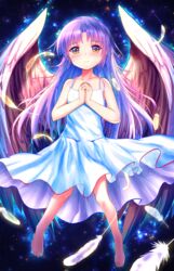  absurdres alternate_costume angel angel_beats! angel_wings bare_arms barefoot black_background blush closed_mouth collarbone commentary dress eyelashes falling_feathers feathered_wings feathers female flat_chest floating_clothes floating_hair full_body glowing glowing_wings highres interlocked_fingers izumikuu long_hair looking_at_viewer midair own_hands_together parted_bangs simple_background solo sparkle sundress tachibana_kanade toes very_long_hair white_dress white_feathers white_hair white_wings wings yellow_eyes 