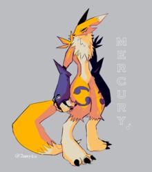  ambiguous_gender anthro armwear armwear_only bandai_namco black_sclera bridal_gauntlets bridal_gauntlets_only canid clothing digimon digimon_(species) digitigrade_anthro dipstick_ears ear_markings fur j3rry1ce mammal mostly_nude mostly_nude_ambiguous mostly_nude_anthro mostly_nude_intersex multicolored_ears renamon simple_background solo text tomoe_(symbol) tuft white_body white_fur yellow_body yellow_fur 