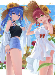  2girls absurdres ahoge alternate_costume aqua_hair asakura_(asa_t77) black_camisole blue_hair camisole closed_mouth colored_inner_hair commentary_request denim denim_shorts dress empire_waist feet_out_of_frame field flower flower_field hair_ornament hairclip hand_on_headwear hat hat_flower highres hololive hoshimachi_suisei long_hair looking_at_viewer micomet_(hololive) multicolored_hair multiple_girls pink_hair sakura_miko see-through see-through_dress see-through_silhouette shorts smile spaghetti_strap straw_hat sun_hat sundress sunflower sunflower_field virtual_youtuber white_dress 