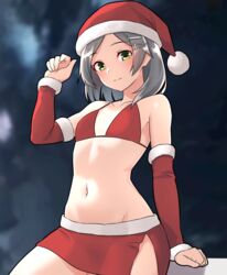  bikini bikini_skirt black_hair breasts christmas detached_sleeves female fur-trimmed_headwear fur-trimmed_sleeves fur_trim furaggu_(frag_0416) green_eyes hair_ornament hairclip hat highres kantai_collection kuroshio_(kancolle) kuroshio_kai_ni_(kancolle) looking_at_viewer miniskirt navel red_bikini red_hat red_skirt red_sleeves santa_bikini santa_hat short_hair side_slit skirt small_breasts solo swimsuit 