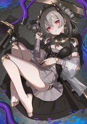  barefoot closed_mouth commentary doll_joints drill_hair earrings feet female full_body grey_hair grey_skirt hair_between_eyes hair_ornament highres honkai_(series) honkai_impact_3rd jewelry joints long_hair looking_at_viewer meda prometheus_(honkai_impact) red_eyes robot_joints skirt soles solo toes twin_drills 