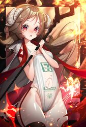  7-eleven absurdres animal_ears arknights ass_visible_through_thighs black_thighhighs blush breasts cape clothing_cutout cowlick eyjafjalla_(arknights) female fire groin highres holding holding_staff horns kyudong. long_hair navel navel_cutout nose_blush open_mouth red_eyes red_scarf scarf sheep_ears sheep_girl sheep_horns small_breasts solo staff thigh_gap thighhighs torn_clothes 