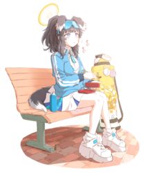  animal_ears bench bento black_hair blue_archive blue_eyes blue_jacket bottle breasts chopsticks cleavage closed_mouth dog_ears dog_girl dog_tail eating eyewear_on_head female full_body halo hariyaa hibiki_(blue_archive) hibiki_(cheer_squad)_(blue_archive) highres holding holding_chopsticks jacket long_sleeves medium_hair miniskirt mortar_(weapon) motion_lines official_alternate_costume partially_unzipped ponytail shoes sitting skirt small_breasts sneakers solo sound_effects star_sticker sunglasses tail water_bottle white_footwear white_skirt yellow_halo 