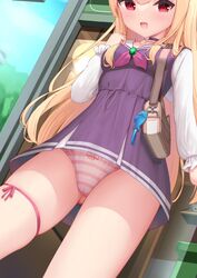  bachibachi_(tisen) bag blonde_hair blue_sky breasts brown_bag cameltoe cropped day dress dutch_angle female little_witch_nobeta long_hair long_sleeves looking_at_viewer nobeta official_art panties pantyshot purple_dress red_eyes shoulder_bag sky small_breasts solo standing straight_hair striped_clothes striped_panties thighs underwear very_long_hair white_sleeves 