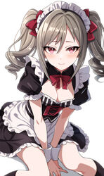  absurdres alternate_costume apron black_dress blush breasts cleavage cleavage_cutout clothing_cutout dress drill_hair enmaided female grey_hair highres idolmaster idolmaster_cinderella_girls kanzaki_ranko looking_at_viewer maid maid_headdress medium_breasts popon_ta red_eyes simple_background sitting smile solo twintails white_apron white_background wrist_cuffs 