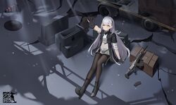  absurdres ak-alfa ak-alfa_(girls&#039;_frontline) assault_rifle black_jacket covered_navel dress female gan_gan girls&#039;_frontline girls&#039;_frontline_2:_exilium gloves gun headgear highres incredibly_absurdres jacket long_hair open_clothes open_jacket orange_eyes outstretched_arm pantyhose partially_fingerless_gloves reaching rifle see-through see-through_dress sitting weapon white_hair 