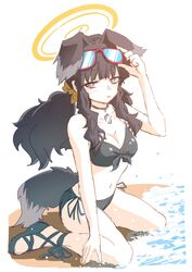  adjusting_eyewear alternate_costume animal_ears bare_shoulders bikini black_bikini blue_archive breasts choker cleavage dog_ears dog_girl dog_tail eyewear_on_head female full_body halo hariyaa hibiki_(blue_archive) highres long_hair low_twintails navel parted_lips purple_eyes sand sandals side-tie_bikini_bottom sitting small_breasts smile solo sunglasses swimsuit tail twintails wariza water yellow_halo 