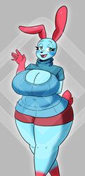  anthro big_breasts blue_body blush bottomwear breasts cleavage cleavage_cutout clothed clothing cutout diamond_grenadier female green_eyes hi_res hotpants keyhole_turtleneck lagomorph leporid mammal rabbit short-sleeve_shirt shorts slightly_chubby slightly_chubby_female solo sweater topwear turtleneck 