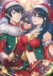  1boy absurdres black_hair blue_eyes breasts byleth_(female)_(fire_emblem) byleth_(female)_(frosty_professor)_(fire_emblem) byleth_(fire_emblem) byleth_(male)_(fire_emblem) byleth_(male)_(frosty_professor)_(fire_emblem) character_doll christmas female fire_emblem fire_emblem:_three_houses fire_emblem_heroes hat highres holly large_breasts looking_at_viewer medium_hair midriff navel oas official_alternate_costume santa_costume santa_hat smile sothis_(fire_emblem) sothis_(winter)_(fire_emblem) sword upper_body weapon 