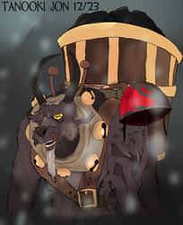  absurd_res anthro armor blood bodily_fluids bovid brown_body brown_fur caprine christmas claws fur headgear helmet hi_res holidays horizontal_pupils horn krampus krampus_(team_fortress_2) long_claws male mammal pupils simple_background solo tanooki_jon 