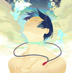  1boy beads black_hair blue_background blue_string closed_eyes closed_mouth fish goldfish head_back highres koshotengai_no_hashihime male_focus minakami_(koshotengai_no_hashihime) multicolored_background nude prayer_beads ripples short_hair shrount smile smoke solo string_around_neck tassel white_background 