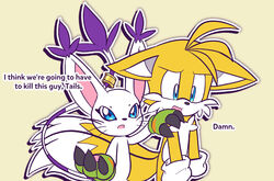  2_tails accessory anthro bandai_namco blue_eyes canid canine claws clothing crossover dialogue digimon digimon_(species) dipstick_tail duo english_text felid feline female fox fur furgonomics gatomon gloves handwear i_think_we&#039;re_gonna_have_to_kill_this_guy jewelry male mammal markings meme miracletails multi_tail open_mouth reaction_image redraw ring sega simple_background sonic_the_hedgehog_(series) tail tail_accessory tail_jewelry tail_markings tail_ring tails text white_body white_fur yellow_body yellow_fur 