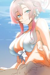  alternate_costume bikini blue_archive blue_eyes breasts female hair_bun hair_ornament halo highres large_breasts long_hair looking_at_viewer mimori_(blue_archive) mimori_(swimsuit)_(blue_archive) multicolored_eyes pink_hair pink_halo saki_(remainaddd) smile swimsuit white_bikini 