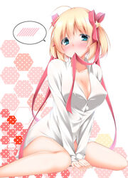  ahoge aqua_eyes between_legs blonde_hair blush breasts cleavage collarbone collared_shirt colored_eyelashes commentary_request covered_nipples curvy dress_shirt eyes_visible_through_hair female hair_between_eyes hair_ornament hair_ribbon hand_between_legs head_tilt kamikita_komari large_breasts little_busters! long_ribbon looking_at_viewer mouth_hold naked_shirt narukami_ginryuu nose_blush partially_unbuttoned red_ribbon ribbon ribbon_in_mouth shiny_skin shirt short_hair shy simple_background sitting sleeves_past_wrists solo spoken_blush star_(symbol) star_hair_ornament two_side_up v_arms wariza white_background white_shirt 