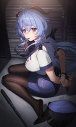  absurdres ahoge alternate_costume baton_(weapon) black_pantyhose blowing_whistle blue_hair blue_necktie blue_skirt blush bound bound_wrists breast_pocket breasts cuffed cuffs feet female from_side full_body furrowed_brow ganyu_(genshin_impact) genshin_impact hair_between_eyes handcuffs hat highres horns large_breasts legs long_hair looking_at_viewer miniskirt necktie on_floor pantyhose pencil_skirt pocket police police_hat police_uniform policewoman purple_eyes shirt shirt_tucked_in sitting skirt soles solo sunnillust tears thighs uniform unworn_headwear very_long_hair wariza weapon whistle whistle_around_neck white_shirt 