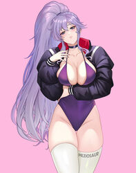  alternate_costume artist_name blush breasts cleavage closed_mouth commentary contemporary english_commentary female fire_emblem fire_emblem:_genealogy_of_the_holy_war hair_between_eyes head_tilt highleg highleg_swimsuit ishtar_(fire_emblem) jacket large_breasts long_hair long_sleeves meziosaur one-piece_swimsuit open_clothes open_jacket pink_background ponytail purple_eyes purple_hair purple_one-piece_swimsuit sidelocks simple_background solo swimsuit thighhighs very_long_hair white_thighhighs 