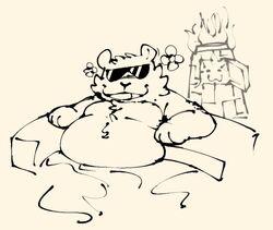  2023 anthro bathing belly biped eyewear killer_outlet mammal mo_(undertale_yellow) open_mouth overweight procyonid raccoon smile solo sunglasses undertale_(series) undertale_yellow 