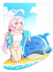  ahoge beach bikini blue_archive blue_eyes blue_jacket blush cloud collarbone day eyewear_on_head female flat_chest frilled_bikini frills hair_bobbles hair_ornament halo hariyaa heterochromia highres hoshino_(blue_archive) hoshino_(swimsuit)_(blue_archive) inflatable_toy jacket kneeling looking_at_viewer low_twintails navel oerba_yun_fang official_alternate_costume open_clothes open_jacket open_mouth outdoors sand sandals smile solo sunglasses swimsuit twintails w water white_bikini yellow_eyes 