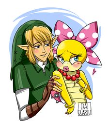  accessory blonde_hair blue_eyes blush bow_ribbon claws clothing crossover dai-quartu duo elf female hair hair_accessory hair_ribbon hairbow heart_symbol humanoid hylian koopa koopaling light_body light_skin link lipstick makeup male mario_bros nintendo ribbons scalie signature the_legend_of_zelda wendy_o._koopa yellow_body 