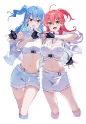  2girls absurdres ahoge aya02ka black_gloves blue_eyes blue_hair blue_socks breasts cleavage_cutout clothing_cutout crop_top cropped_jacket cropped_legs earrings fingerless_gloves gloves green_eyes hair_between_eyes hair_ornament hairclip heart heart_hands heart_hands_duo high_collar highres hololive hoshimachi_suisei jacket jewelry large_breasts long_hair looking_at_viewer micomet_(hololive) midriff multiple_girls official_alternate_costume one_side_up open_mouth pink_socks sakura_miko see-through see-through_jacket shorts side-by-side simple_background skirt sleeveless sleeveless_jacket small_breasts socks sugar_rush_(hololive) transparent_background triangle_earrings turtleneck turtleneck_jacket unfinished upper_body v-shaped_eyebrows virtual_youtuber white_jacket white_shorts white_skirt x_hair_ornament 