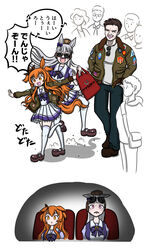  2girls absurdres animal_ears aomushi_taro blunt_bangs bomber_jacket bow brown_hair brown_headwear brown_ribbon commentary_request crossover ear_bow ear_covers ear_ribbon fake_facial_hair gold_ship_(umamusume) hair_between_eyes highres horse_ears horse_girl horse_tail horseshoe_ornament jacket long_hair long_sleeves mayano_top_gun_(umamusume) military movie_theater multiple_girls open_mouth orange_eyes orange_hair orange_tail pillbox_hat purple_bow purple_shirt ribbon sailor_collar sailor_shirt school_uniform shirt shorts tail tom_cruise top_gun top_gun:_maverick tracen_school_uniform translated two_side_up umamusume white_shorts 