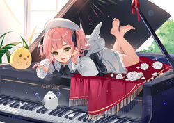  artistic_error azur_lane backpack bag barefoot commentary copyright_name dress feet feet_up female grand_piano green_eyes highres instrument legs long_sleeves lying manjuu_(azur_lane) official_alternate_costume on_stomach open_mouth piano pink_hair pompeo_magno_(azur_lane) pompeo_magno_(quaver_daydream)_(azur_lane) puffy_long_sleeves puffy_sleeves rero_(bigdoorbig2) short_hair soles solo teeth toes twintails upper_teeth_only white_bag white_dress white_headwear 