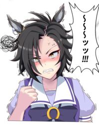  air_shakur_(umamusume) anger_vein angry animal_ears black_hair bow bowtie clenched_hand eyebrow_piercing female highres horse_ears horse_girl horseshoe_ornament long_hair looking_at_viewer missan_sun piercing puffy_short_sleeves puffy_sleeves purple_bow purple_bowtie purple_serafuku purple_shirt sailor_collar sailor_shirt school_uniform serafuku shirt short_sleeves simple_background solo tracen_school_uniform umamusume upper_body white_background yellow_eyes 