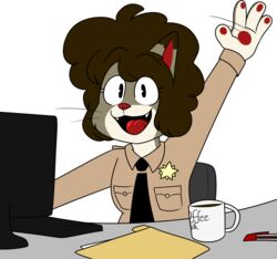  2018 4_fingers absurd_res alpha_channel anthro beverage biped black_eyebrows black_eyes black_mouth black_necktie black_text black_whiskers breasts brown_hair brown_markings chair chokovit_(artist) clothed clothed_anthro clothed_female clothing coffee coffee_mug colored computer computer_keyboard computer_monitor container countershade_face countershade_fur countershade_hands countershade_neck countershading cup cute_fangs desk digital_drawing_(artwork) digital_media_(artwork) dipstick_ears domestic_cat ear_markings electronics eyebrow_through_hair eyebrows eyelashes eyelashes_through_hair felid feline felis female female_anthro fingers fluffy fluffy_hair folder front_view fur furniture gesture hair half-length_portrait hi_res looking_at_viewer mammal markings mug multicolored_ears necktie on_chair open_mouth open_smile pawpads pen pockets police police_officer police_uniform portrait prick_ears receptionist red_inner_ear red_nose red_pawpads red_tongue simple_background sitting sitting_on_chair smile solo star_badge table tan_body tan_clothing tan_ears tan_fur tan_shirt tan_topwear tan_tuft text text_on_coffee_mug tongue topwear translucent translucent_hair transparent_background tuft uniform waving waving_at_viewer whiskers white_body white_countershading white_mug 