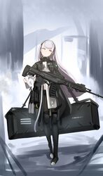  absurdres ak-alfa ak-alfa_(girls&#039;_frontline) assault_rifle black_jacket dress female girls&#039;_frontline gloves gun headgear highres holding holding_gun holding_weapon jacket long_hair mizuhashi_parusui orange_eyes pantyhose rifle see-through see-through_dress weapon white_hair 