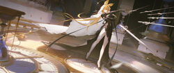  absurdres animal_ears arknights arm_up black_dress black_footwear black_gloves blonde_hair commentary_request dacheng_ad dorothy_(arknights) dorothy_(hand_of_destiny)_(arknights) dress female floating floating_object floating_sword floating_weapon gloves halo high_heels highres hourglass juliet_sleeves long_hair long_sleeves looking_at_viewer mouse_ears mouse_girl official_alternate_costume parted_lips pearl_anklet puffy_sleeves single_thighhigh solo sword thighhighs very_long_hair weapon white_thighhighs white_veil wide_shot 