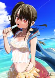  absurdres alternate_costume beach bikini black_hair blue_sky breasts c-ms_(flying_fish_assault)_(girls&#039;_frontline) c-ms_(girls&#039;_frontline) cloud collarbone day female food girls&#039;_frontline highres holding holding_food innertube long_hair looking_at_viewer medium_breasts mole mole_under_eye navel ocean official_alternate_costume ohichi16 open_mouth outdoors popsicle red_eyes see-through see-through_shirt shirt side_ponytail skirt sky sleeveless sleeveless_jacket solo swim_ring swimsuit tongue tongue_out wet wet_clothes wet_shirt yellow_skirt 