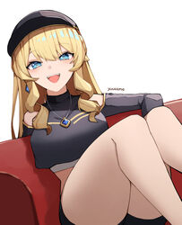  :d absurdres alternate_costume bare_shoulders black_headwear black_shirt blonde_hair blue_eyes clothing_cutout commentary crop_top drill_hair drill_sidelocks feet_out_of_frame female genshin_impact highres jewelry knees_up long_hair long_sleeves looking_at_viewer midriff navia_(genshin_impact) pendant shirt shoulder_cutout sidelocks sitting smile solo thighs white_background yuu_azma 