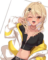  ;p belt black_belt black_shirt blonde_hair blush braid breasts cleavage crop_top dark-skinned_female dark_skin ear_piercing female french_braid highres jacket jewelry jiino kaminari_qpi kaminari_qpi_(2nd_costume) lightning_bolt_piercing long_hair looking_at_viewer midriff navel necklace one_eye_closed open_clothes open_jacket open_mouth orange_nails partially_unzipped piercing shirt short_sleeves sleeves_past_wrists solo swept_bangs tongue tongue_out tooth_necklace v_over_eye virtual_youtuber vspo! white_jacket yellow_jacket zipper zipper_pull_tab 