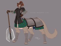  armor cougar ear_piercing ear_ring felid feline female hi_res human_torso hybrid mammal muscular muscular_female nielo_(gamal) piercing ring_piercing solo taur taurified warrior weapon wmdiscovery93 wrappings 