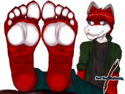  4:3 5_toes anthro charles_the_stray_kitty clothing feet felid feline foot_fetish foot_focus fur hi_res humanoid_feet male mammal pawpads paws plantigrade red_body red_fur scarthesillydawg solo teasing teasing_with_feet toes white_body white_fur wrinkled_feet wrinkles 