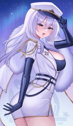  absurdres aiguillette arkhangelsk_(azur_lane) aurora azur_lane black_bra black_gloves blush bra breasts coat demcheg dress elbow_gloves female fur-trimmed_coat fur_trim gloves hair_between_eyes hat highres lace-trimmed_bra lace_trim long_hair long_sleeves looking_at_viewer medal military_uniform night night_sky northern_parliament_(emblem) oerba_yun_fang open_clothes open_dress open_mouth outdoors peaked_cap short_dress skin_fang sky smile solo star_(sky) starry_sky underwear uniform white_coat white_dress white_hair yellow_eyes 