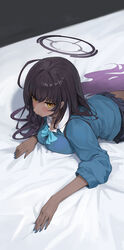  1-5iro absurdres ahoge bed_sheet black_hair black_skirt blue_archive blue_bow blue_bowtie blue_cardigan blue_nails blush bow bowtie breasts buttons cardigan closed_mouth collared_shirt dark-skinned_female dark_skin female fingernails halo highres karin_(blue_archive) large_breasts long_hair long_sleeves lying nail_polish on_stomach pleated_skirt purple_halo school_uniform shirt skirt solo white_shirt yellow_eyes 