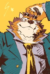  absurd_res anthro barrel_(live_a_hero) brown_body brown_fur canid canine canis clothing eyewear fur heylaw21 hi_res lifewonders live_a_hero low-angle_view male mammal necktie solo suit sunglasses wolf 