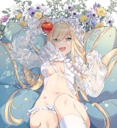  :d apple aqua_eyes blonde_hair breasts choppy_bangs cushion female flower food frilled_headwear frilled_shirt_collar frills fruit headdress holding holding_food holding_fruit long_hair lying medium_breasts navel oerba_yun_fang on_back open_clothes open_shirt original panties see-through see-through_sleeves shirt sidelocks smile socks tomari_(veryberry00) underwear very_long_hair white_headwear white_panties white_shirt white_socks 