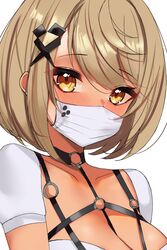  between_breasts black_collar breasts chest_harness chest_strap collar dark-skinned_female dark_skin dress female gyaru hair_ornament harness highres kaminari_qpi light_brown_hair looking_at_viewer mask mouth_mask o-ring rifufu short_hair short_sleeves simple_background solo swept_bangs upper_body virtual_youtuber vspo! white_background white_dress white_mask x_hair_ornament yellow_eyes 