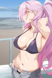  alternate_costume alternate_hairstyle armpits beach bikini black_bikini blue_eyes breasts elysia_(honkai_impact) female hand_on_own_hip highres honkai_(series) honkai_impact_3rd large_breasts long_hair multicolored_eyes navel pink_hair pointy_ears ponytail saki_(remainaddd) smile solo swimsuit 