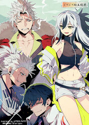  3boys black_hair black_shirt cigarette coat crazy_eyes crop_top fate/grand_order fate_(series) female fur-trimmed_coat fur_trim hair_slicked_back half_updo haori highres itou_kashitarou_(fate) jacket jacket_on_shoulders japanese_clothes meiji_ken midriff multicolored_hair multiple_boys nagakura_shinpachi_(fate) nagao_kagetora_(fate) navel necktie ponytail scar scar_on_cheek scar_on_face shinsengumi shirt short_shorts shorts striped_clothes striped_jacket striped_suit suit takeda_shingen_(fate) two-tone_hair uesugi_kenshin_(fate) uesugi_kenshin_(second_ascension)_(fate) white_hair 