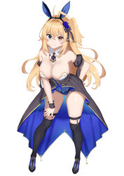  absurdres ahoge amaibara_aria animal_ears ass_visible_through_thighs battle_dress_uniform black_dress black_headband black_socks blonde_hair blue_eyes breasts cleavage closed_mouth commentary_request commission curio_(curiofinity) detached_collar detached_sleeves dress fake_animal_ears female full_body gold_trim hair_ornament headband heterochromia highleg highleg_leotard highres indie_virtual_youtuber large_breasts leaning_forward legs_apart leotard long_hair looking_at_viewer one_side_up playboy_bunny purple_nails simple_background skeb_commission smile socks solo split_mouth thighs virtual_youtuber white_background wrist_cuffs yellow_eyes 