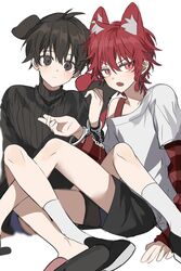  2boys absurdres animal_ears black_shirt black_shorts blush cat_boy cat_ears closed_mouth cuffs dog_boy dog_ears extra_ears fujo0t4ku grey_background handcuffs highres looking_at_viewer maeno_aki male_focus multiple_boys oerba_yun_fang open_mouth red_sleeves shared_handcuffs shirt short_hair shorts simple_background socks tsugino_haru white_background white_shirt white_socks zeno_(game) 