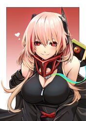  absurdres artist_name banana_(girls&#039;_frontline) black_jacket black_shirt breasts broken_horn cleavage collar female girls&#039;_frontline gradient_background hair_between_eyes heart highres horns ichi_illust001 jacket large_breasts long_hair long_sleeves looking_at_viewer m4_sopmod_ii_(girls&#039;_frontline) m4_sopmod_ii_(mod3)_(girls&#039;_frontline) multicolored_hair off_shoulder pink_hair red_eyes red_hair shirt sleeveless smile solo streaked_hair upper_body 